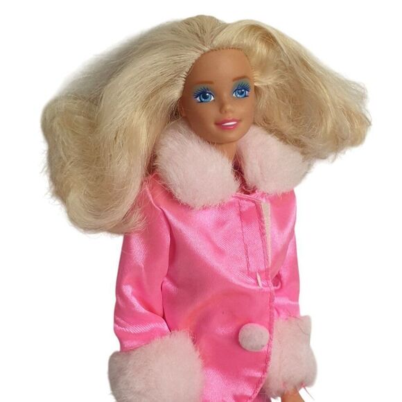 Vintage Barbie Doll Mattel 80's-90's Pink Satin Coat Faux Fur & Accessories - Picture 2 of 6
